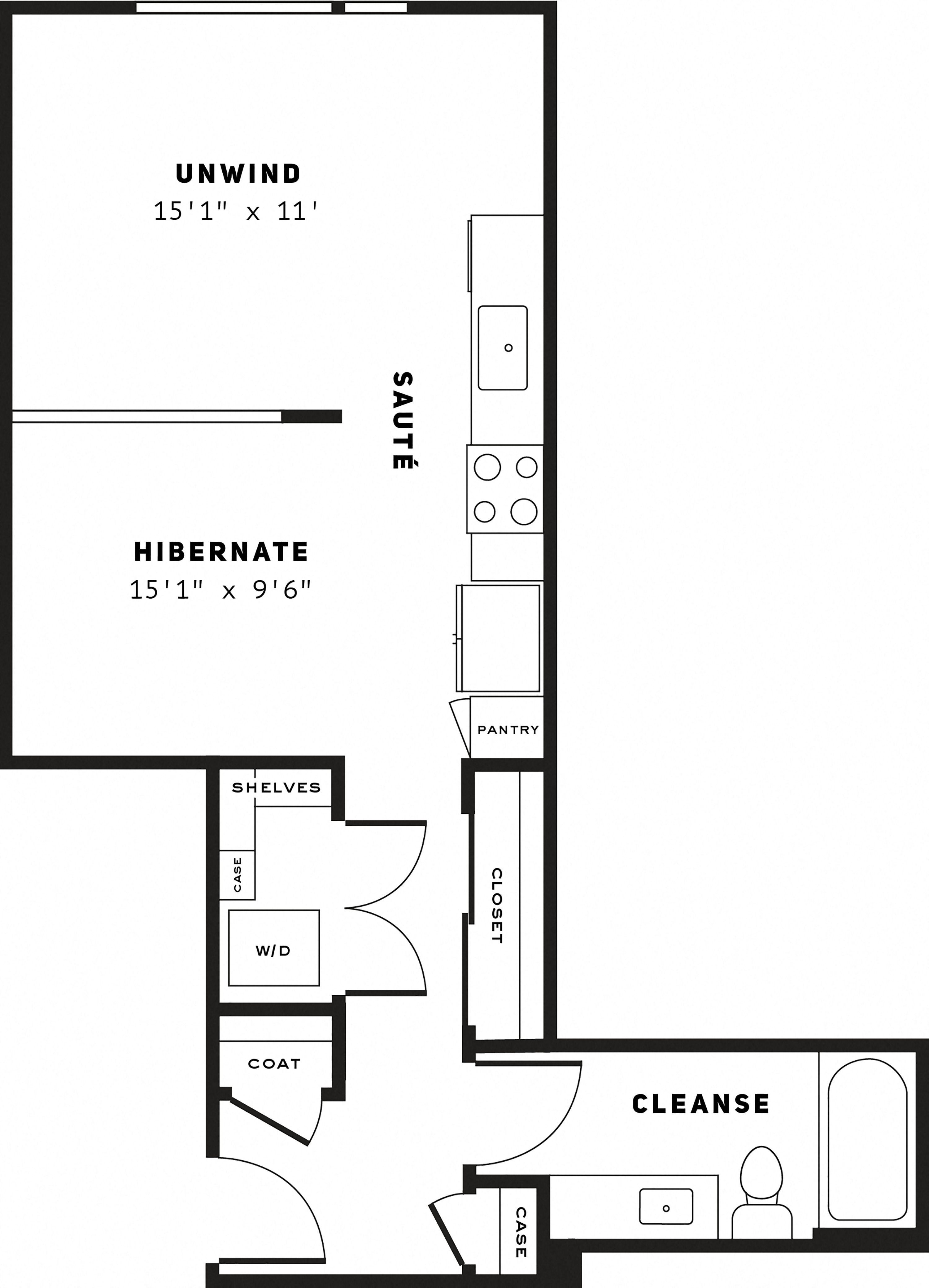 Floor plan for studio, 1 bath, 562 sqft
